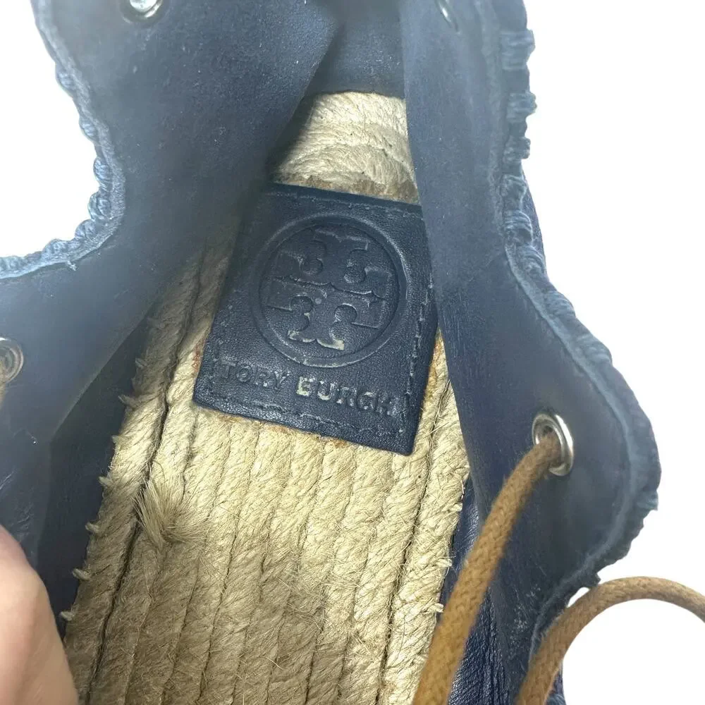Tory Burch Sonoma Gillie Espadrille Navy Blue Canvas Lace Up Flats Size US‎ 7